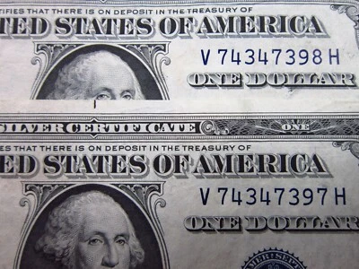 USA $1 1935 E Sequential Pair V74347397H # SILVER Certificate BLUE Seal Money - Image 1 of 3