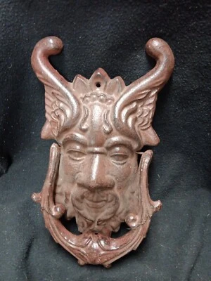 Cast Iron Large Gothic Face Brown Long Door Knocker - Image 1 of 4