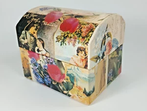 Cardboard Trinket Box, Old World Postcard Design with Lift Out Tray 4.75" x 4". - Picture 1 of 14
