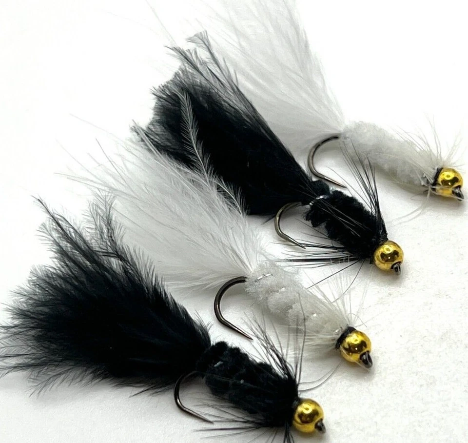 FLIE AND LURES 4 6 oder 8 Forellen Fliegenfischen Streamer Fliegen SCHWARZ oder WEISS KAUBE GOLDKOPF