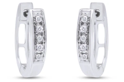 天然圆形钻石口音 Huggie 女士环状耳环 10K 白金 — 第 1/4 张图片