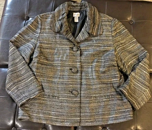 Chico's Women's Metallic Tweed Plaid Blazer Jacket Size 2 Black Tan - Picture 1 of 5
