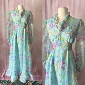 Vintage 1960s 70s Prairie Dress Pastel Floral Chiffon Maxi Balloon Sleeve Ruffle - Picture 1 of 12