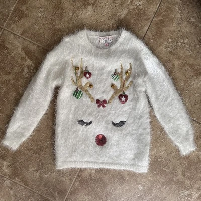 Suéter Blanco Rudolph Reno Bling Bell Feliz Navidad Poof Niña’s Talla M Foto 1 de 4