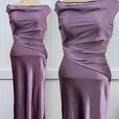 Billy J Aurla Off Shoulder Maxi Dress Plum Satin Look Formal Gown Wedding 6 - Image 1 of 4