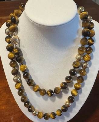 GUMP’S Vintage 32” Solid 14K Gold Tiger’s Eye Necklace 10mm With 9.5mm 14k Beads — 第 1/4 张图片