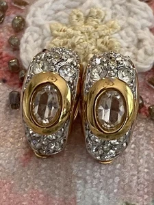 Vintage Half Hoop Gold Tone Clear Oval Bezel Rhinestone Earrings Clip On 1980-90 - Picture 1 of 24