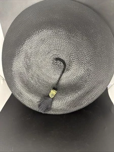 Vintage Asian Hat Conical Plastic Black Rice Paddy Gardening Gold Trim Tassel - Picture 1 of 11