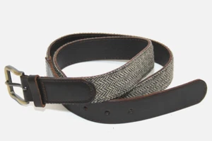 H&M Herringbone Tweed and Dark Brown Genuine Leather Belt Gold Buckle Size 37-38 - Picture 1 of 7