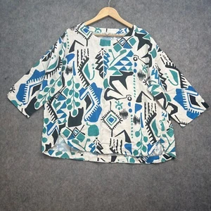 Sahara Top Womens Size14-16 White Blue Abstract Linen Oversized Blouse Relaxed - Picture 1 of 15
