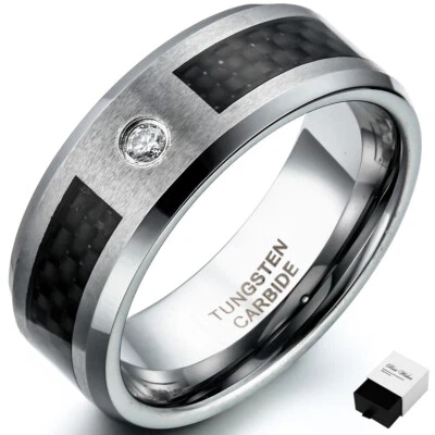 Anillo de boda de carburo de tungsteno de fibra de carbono circonita cúbica de 8 mm para hombre Foto 1 de 4