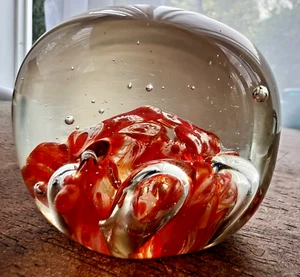 Hand Blown Art Glass "Molten Millefiori" Paperweight Red & White Bubbles - Picture 1 of 9