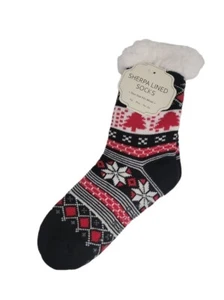 Sherpa Lined Non-Slip Women's Black Red Woven Slipper Socks One Size Fits Most - Picture 1 of 4