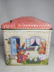 Vtg Easter MEISTER 3-D Domed Tin Rabbit Family House Birds Flowers 4"H x 4"D - Picture 1 of 13