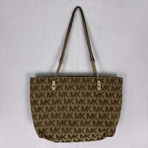 Michael Kors Brown Monogram Large Shoulder Purse with Gold Straps - Picture 1 of 13