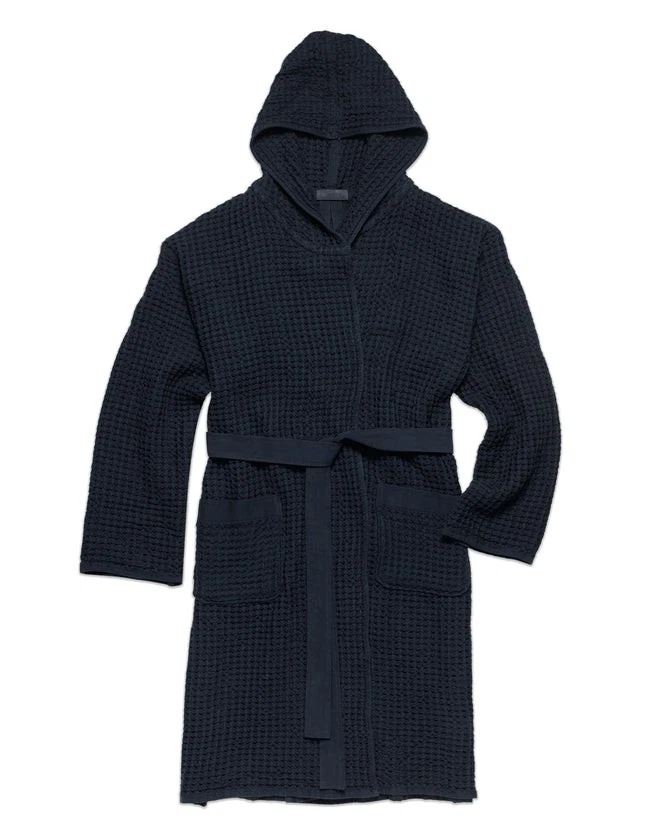 Onsen Hooded Waffle Robe in Navy Blue Large - Waffle Cotton Unisex- No Belt - Image 1 of 4