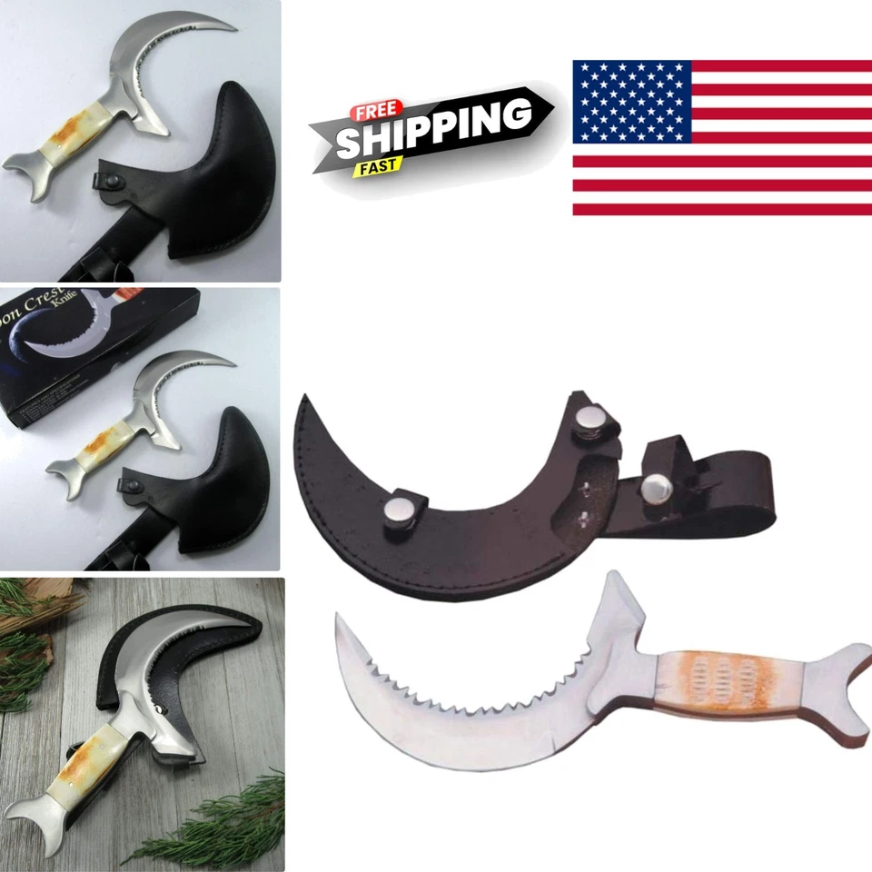 Cuchillo táctico para exteriores hoja media luna de 10 pulgadas con funda de cuero auténtico Foto 1 de 4
