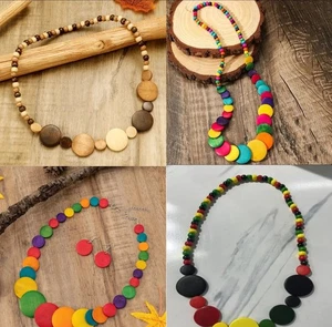 Handmade Bohemian Style Wooden Beads & Disc Necklace - Elegant Wooden Necklace - Picture 1 of 15