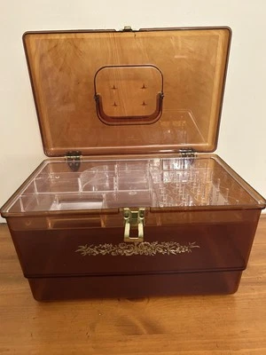 "Caja artesanal de costura translúcida ámbar grande de colección con bandeja dorada floral LEER 12,5X8""" Foto 1 de 4