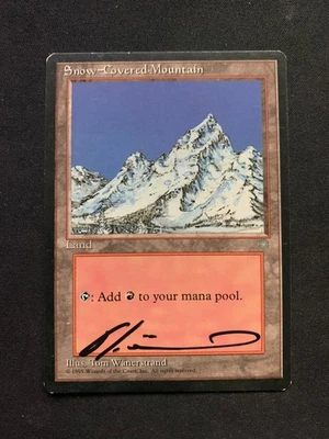 MTG Magic the Gathering x1 Snow Covered Mountain Signed Ice Age Basic Land - Imagen 1 de 2