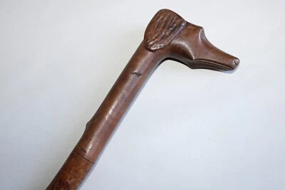 Ancienne canne, pommeau sculpté tête de chien bois de néflier épineux, 86 cm - Photo 1/4