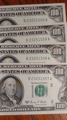 FOUR 1969 C ONE HUNDRED DOLLAR CONSECUTIVE NUMBERED NOTES 4 UNC $100.00 BILLS! - Image 1 of 4