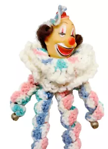 13" Vintage Handmade Crocheted Clown Doll Soft Rubber Head Cotton Body Red Nose - Picture 1 of 5