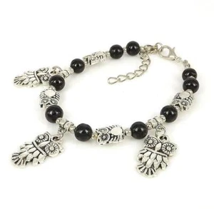 Ladies Tibetan Silver Owl Bracelet Black Bead Bangle Woman Bracelet - Picture 1 of 2