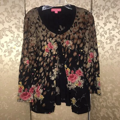 Cárdigan Suéter Charlotte Tarantola HSN Negro Multicolor Floral Rosas Talla S Foto 1 de 4