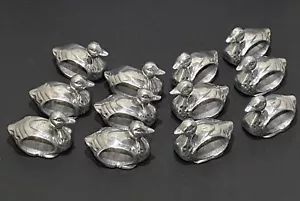 Vintage Set of 12 Duck Napkin Rings Holders Pewter Silver Tone Figural Farmhouse - Picture 1 of 8