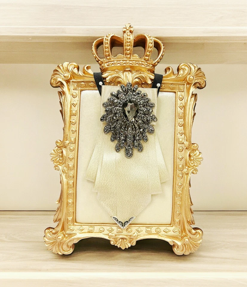 Beige Bow Tie, Formal Event Necktie, Black Crystal Tie, Adjustable Necktie - Image 1 of 4