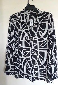 Ashley Stewart Blouse Size 18W Black White Sheer Long Sleeve Button Down NEW - Picture 1 of 3