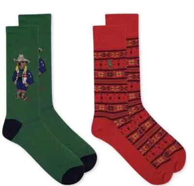 NUEVO CON ETIQUETAS Polo Ralph Lauren Oso Calcetines Vaqueros Para Hombre Talla 10-13 Denim Verde Rojo 2 Pares Foto 1 de 4