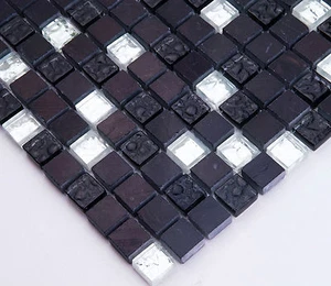 Silver Glass + Black Natural Stone 30x30cm Mosaic Tile 15x15mm Stones BO-5 - Picture 1 of 1