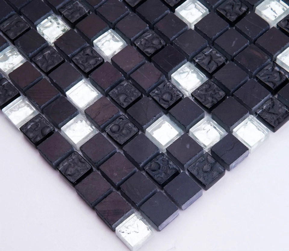 Vidrio plateado + piedra natural negra 30x30 cm mosaico azulejo 15x15 mm piedras BO-5 Foto 1 de 1