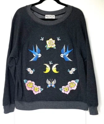 Moletom WILDFOX cinza flash verão pássaros flores lua floral lã top M 🖤 - Imagem 1 de 4