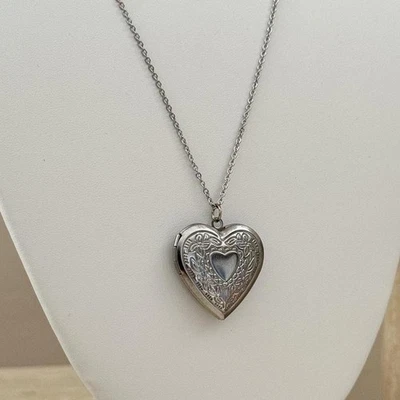 Винтажный серебряного тона травленое сердце фото медальон подвеска ожерелье - Изображение 1 из 4