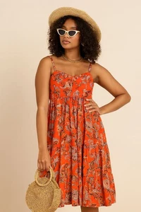 INC Größe 10 Sommerkleid Midi gefüttert orange Blumen Stufenkleid - Bild 1 von 11