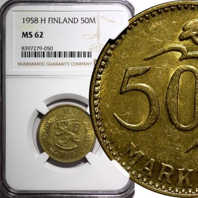 Finland Aluminum-Bronze 1958 H 50 Markka NGC MS62 BETTER DATE KM# 40 (050) - Image 1 of 4