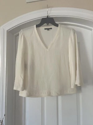 Derek Lam 女式 100% 真丝长袖 V 领象牙白衬衫 46 码/美国 10 码 — 第 1/4 张图片