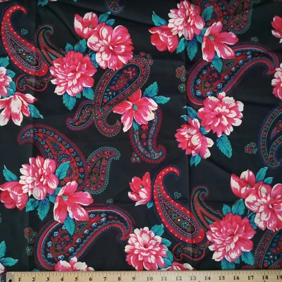VTG Joan Kessler Concord Floral Paisley Fabric Black/Pink Large Scale 44x68 - Image 1 of 4