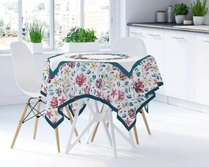 Cotton Tablecloths Floral White Green Square Rectangular Table Linen Fabric - Picture 1 of 7