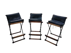 Cleo Baldon for Terra A Trio Of Campaign "X" Wrought Iron and Oak Bar Stools - Picture 1 of 10