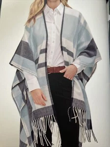Banana Republic Wrap Kimono Blanket Soft Cashmere Blend Plaid Blue Fringe New - Picture 1 of 6