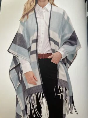 Banana Republic Wrap Kimono Blanket Soft Cashmere Blend Plaid Blue Fringe New - Image 1 of 4
