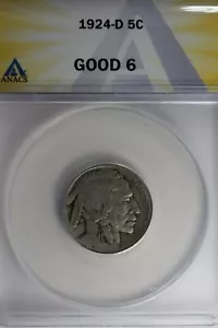 1924-D .05 ANACS G 6 Buffalo Nickel, Indian Nickel, 5 Cent Piece - Picture 1 of 2