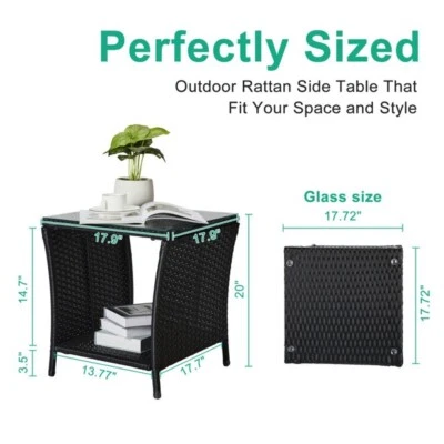 Outdoor Patio Wicker Side Table, Square End Table Bistro Table with Glass - New Foto 1 de 4