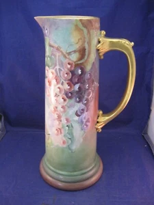 Antique Tall Pitcher w Gorgeous fruit Motif -Applied Handle Marked L and __lleer - Picture 1 of 12