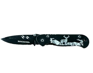 Winchester Framelock Knife Limited Edition Wildlife Buck Deer Etch Black - Picture 1 of 4