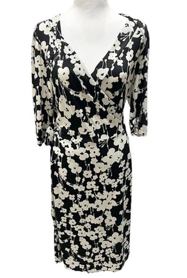 Merona Midi Wrap Dress Womens Size M Black Floral Elbow Sleeve V-Neck Stretch - Image 1 of 4